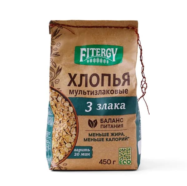 Хлопья овсяные 3 злака , Fitergy, 450 г, Россия