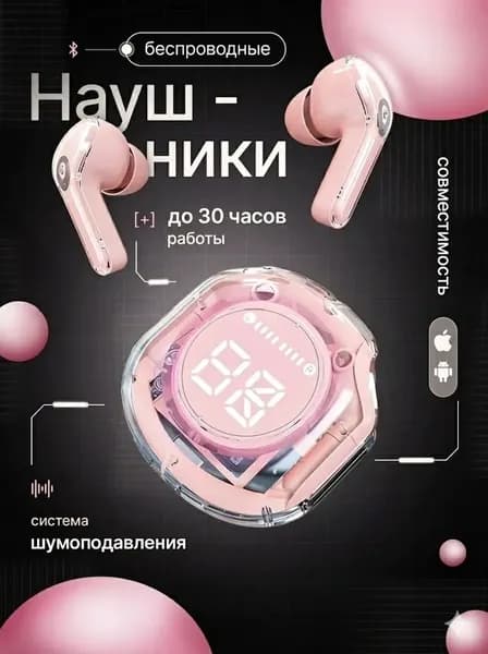 Наушники беспроводные с микрофоном, Bluetooth, розовый
