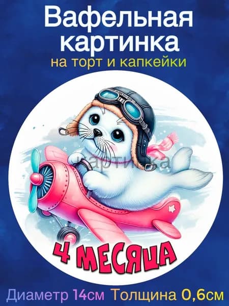 Вафельная картинка "Ребёнку 4 месяца, Первые месяцы ребенку, Самолётик". Сладкая картинка, съедобная печать для декора торта, бенто-торта, украшения пряников и капкейков.