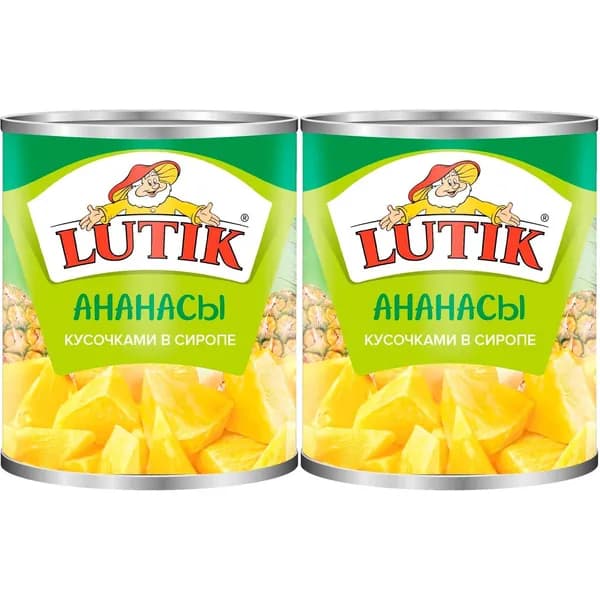 Ананасы Lutik кусочки в сиропе 850 г, набор: 2 штуки