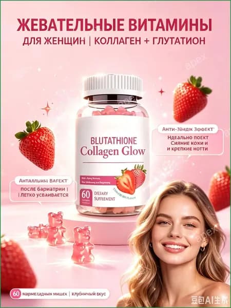 Жевательные витамины для женщин, коллаген с глутатионом - 60шт, бьюти-комплекс для кожи, уход после бариатрии