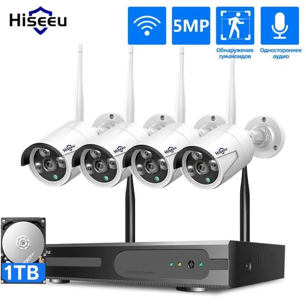 Hiseeu Wi-Fi Комплект камеры видеонаблюдения,10CH NVR Набор,5MP 4 IP камеры 1TB жесткого диска,ночного видения,Одностороннее аудио,P2P