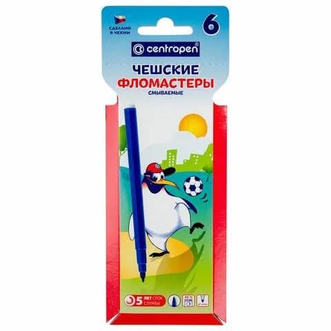 Фломастеры 6 ЦВЕТОВ CENTROPEN "Пингвины", смываемые, вентилируемый колпачок, 7790/6ET, 7 7790 0686 150054