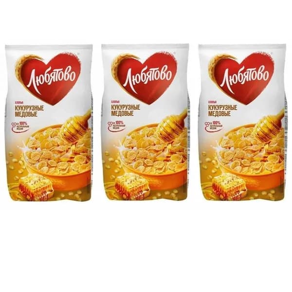 Любятово Готовый завтрак Хлопья Кукурузные, Медовые, 250 гр, 3 уп//