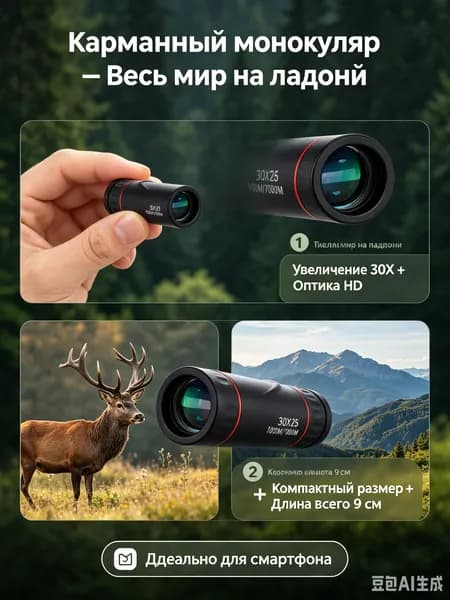 Карманный туристический монокуляр, 30x25-оптическая-труба, мини-телескоп и объектив для смартфона, для охоты рыбалки и путешествий.