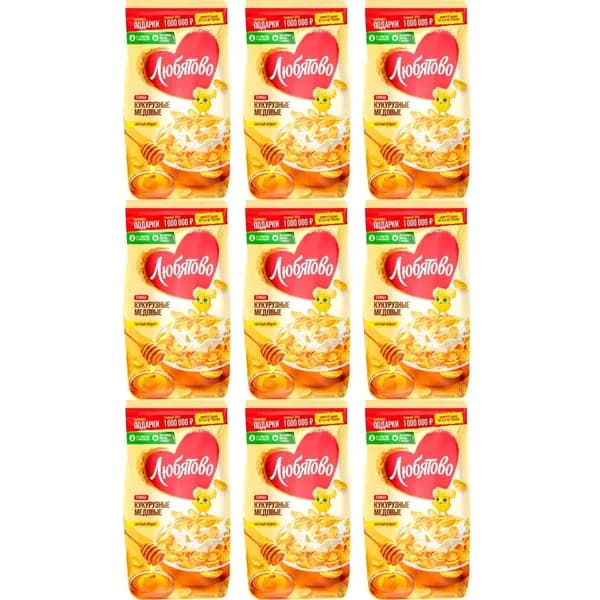 Любятово Готовый завтрак Хлопья Кукурузные, Медовые, 250 г, 9 шт в коробке