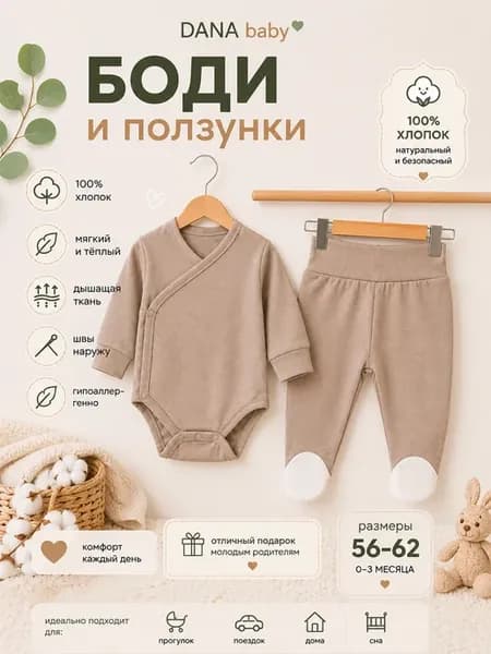 Боди на запах с длинным рукавом и ползунки для новорожденных