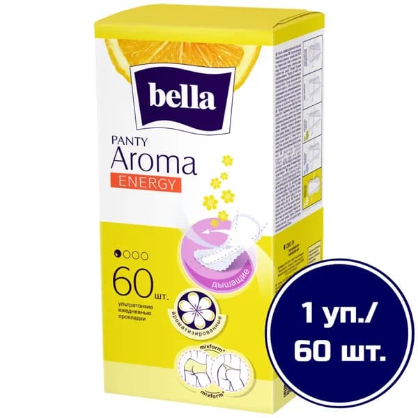 Прокладки ежедневные ультратонкие женские bella Panty aroma energy с легким цитрусовым ароматом/ ежедневки, 60 шт.