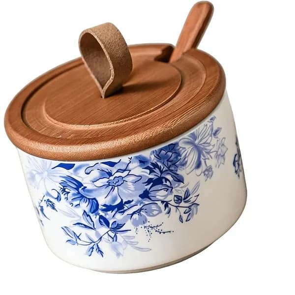 Керамическая солонка с крышкой и ложкой, - Китайские цветы