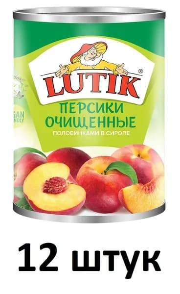 LUTIK персики очищенные половинки в сиропе, ж/б, 820 мл - 12 штук
