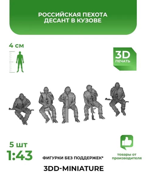 3DD Российская пехота, спецназ, десант для кузова. Масштаб 1/43