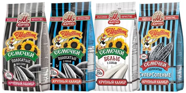 Семечки полосатые от Мартина набор, 250г х 4шт (без соли/с солью/белые/супер соленые)