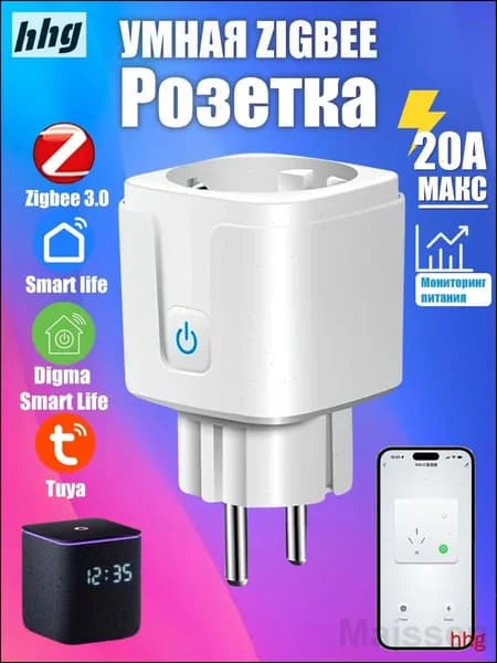 Умная розетка ZigBee 3.0 EU 20A с Алисой, таймер и мониторинг