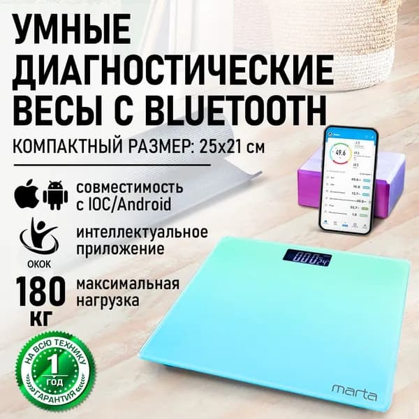 MARTA Умные весы напольные Smart Scale диагностические электронные с синхронизацией IOS и ANDROID по Bluetooth, 25x21 см, бирюзово-голубой