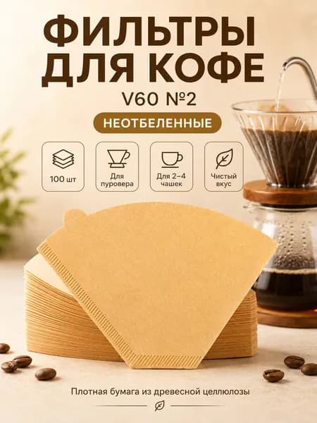 Фильтры бумажные для кофе V60 №2 / 02, неотбеленные, для пуровера, 100 шт