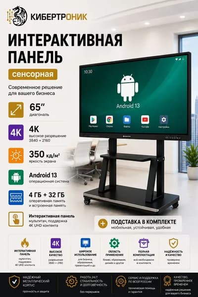 65" Интерактивная видеопанель Сенсорная интерактивная панель 65" ОС Android (2), IPS, 3840x2160 4K, 60 Гц, черный