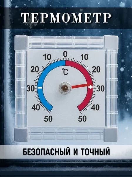 Термометр уличный, оконный, пластиковый. Градусник биметаллический квадратный на клейкой ленте