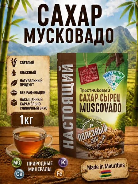 Сахар тростниковый мусковадо, нерафинированный, светлый, 1 кг, MAMA NATURE