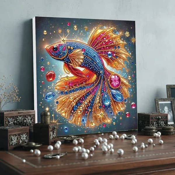 Диамантовая картина Рыба 25 25 см с рамкой, круглые и фигурные стразы, жемчужный эффект