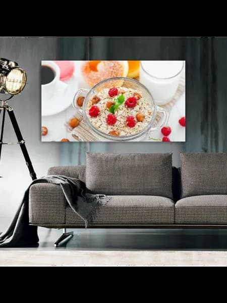 Картина на холсте, 60x110, Орехи кофе завтрак овсянка мюсли