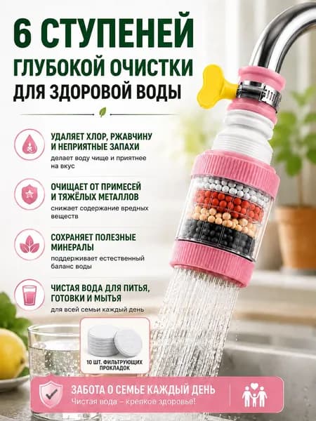 Фильтр-насадка на кран для воды, 6 уровней фильтрации, поворот 360, универсальная насадка для кухонного смесителя