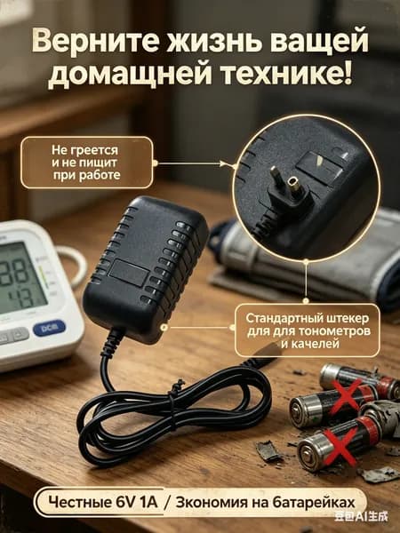 Блок питания 6V 1A, сетевой адаптер 6В зарядное устройство для тонометра Omron детских качелей и игрушек - универсальный шнур кабель в розетку
