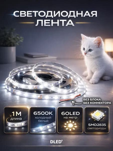 Светодиодная лента белая SMD 2835 (БЕЗ блока питания), 60 LED, 12V, DC, IP22, 6500K, бренд DLED - 1 метр