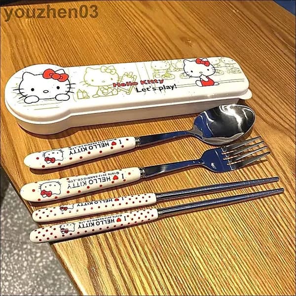 Hello Kitty Набор столовых приборов (вилка, ложка, палочки для еды) - Детский набор из нержавеющей стали, необходимый для путешествий и дома