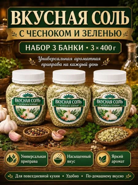 Вкусная соль с чесноком и зеленью 3 шт по 400 г, приправа для картошки, мяса, курицы, рыбы, овощей и маринадов