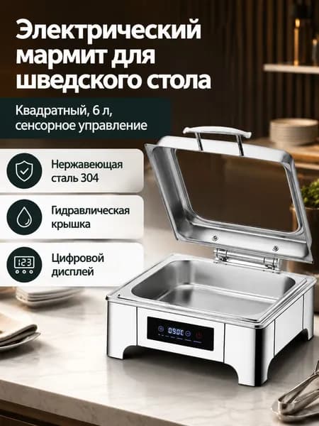 Мармит электрический настольный из нержавеющей стали для подогрева пищи, Квадратный, 6 л, однокамерный, сенсорная регулировка температуры