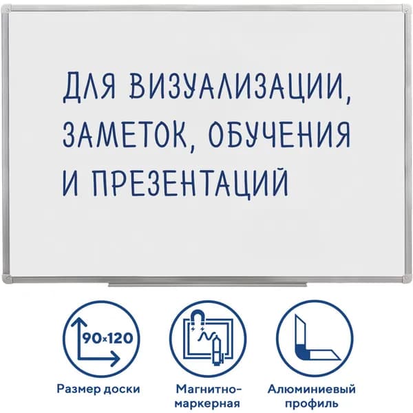 Доска магнитно-маркерная 90х120 см, алюминиевая рамка, ГАРАНТИЯ 10 ЛЕТ, РОССИЯ