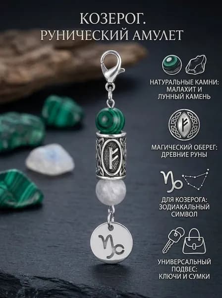 Брелок-талисман с натуральным камнем и рунами-Козерог