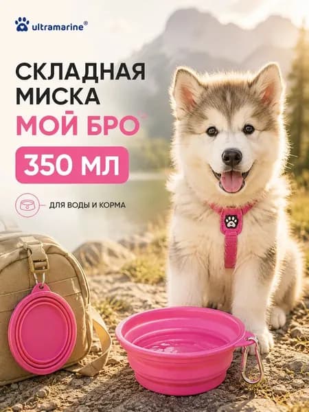 Миска складная силиконовая с карабином, цвет розовый, 350мл