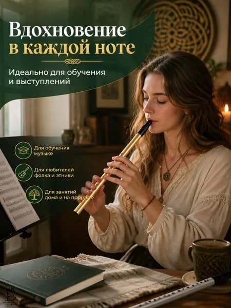 Ирландская флейта-вистл металлическая, тональность C (До мажор), 6 отверстий, цвет золото звонкое звучание, для кельтской музыки и обучения