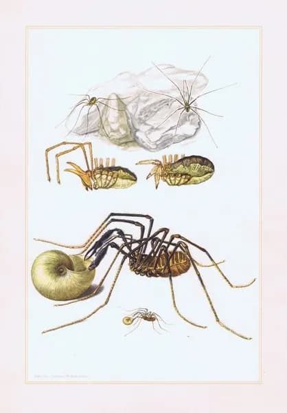 Пауки. Сенокосцы. Антикварная офсетная литография. Гамбург, 1957 г.
