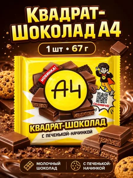 Квадрат-шоколад Влад А4 1 шт 67 гр, шоколад молочный