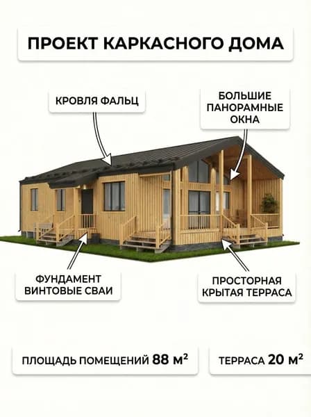 Проект одноэтажного каркасного дома 12х8,5 м.