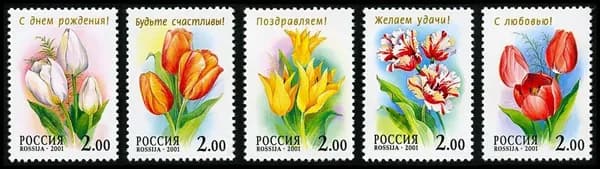 Почтовые марки России. 2001 год. Флора. Цветы. Тюльпаны. Серия из 5 марок. MNH(**)