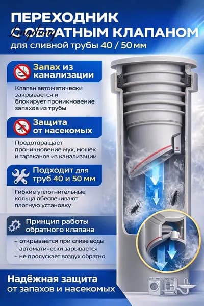 Обратный клапан для канализации 40,50 мм под раковину, переходник для сифона и гофры, антизапах, защита от насекомых
