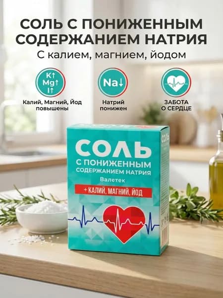 Соль пищевая Валетек с пониж. содерж. натрия + калий, магний, йод, Россия, 350 г х 1шт