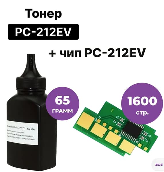 Комплект тонер 65гр+ чип 1.6K, многоразовый PC-212EV для Pantum P2502/M6502/M6552, ELC