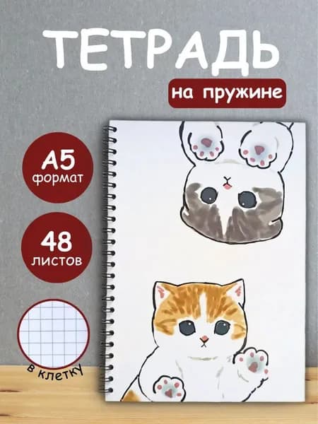 Тетрадь 48 листов в клетку на кольцах, блокнот А5 на пружине