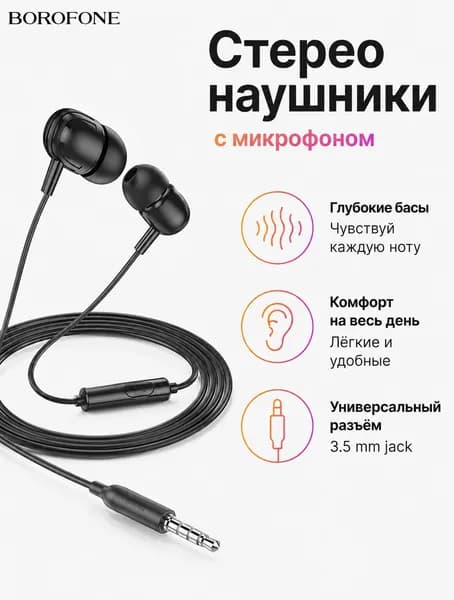 Проводные стерео наушники с микрофоном 3.5 мм, (длина 1.2м) внутриканальные, для телефона, смартфона, ноутбука, компьютера, планшета, проводная гарнитура, Borofone BM77