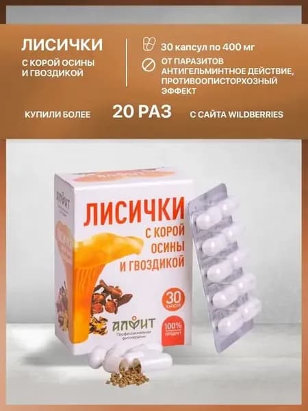 Грибы лисички с корой осины гвоздикой антипаразитарные 30 шт