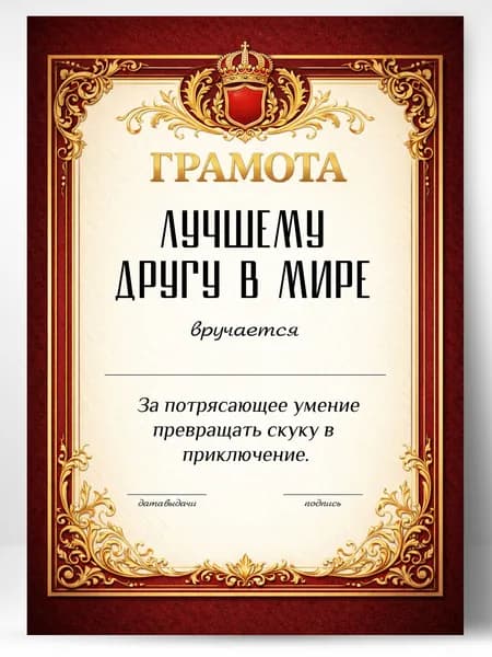 Грамота диплом в подарок - Лучшему другу в мире