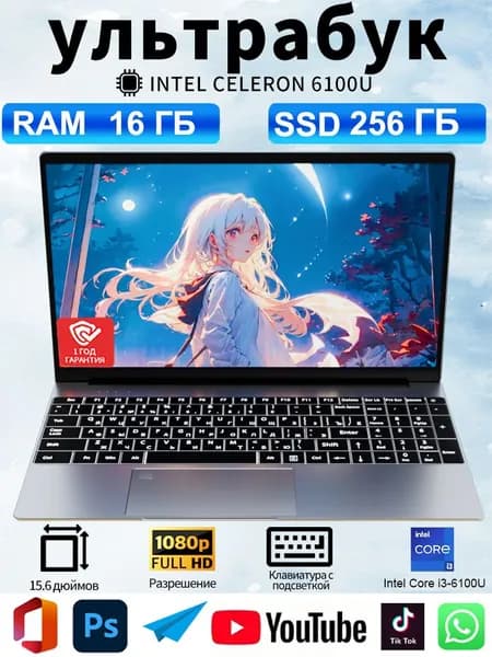 Ноутбук 15.6", Intel Core i3-6100U, RAM 16 ГБ, SSD 256 ГБ, Windows Pro, серебристый, Русская раскладка