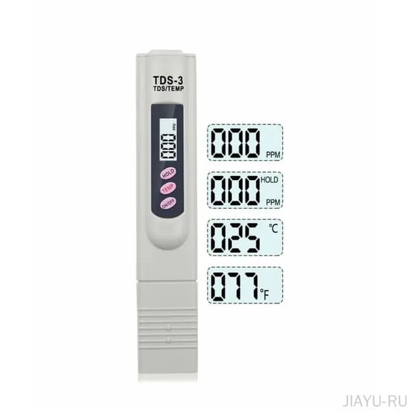 Измеритель общего содержания растворенных твердых веществ AquaPure TDS Meter с диапазоном измерения 0-9990 ppm (мг/л), температурой 0-80 C, разрешением 1 ppm, точностью 2% и питанием от 2 батарейок