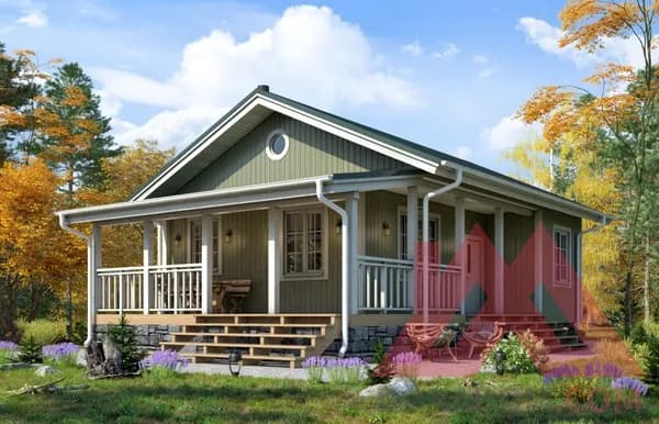 Архитектурное решение каркасного дома "Хитчинс" 9*7,5, 50 кв.м.