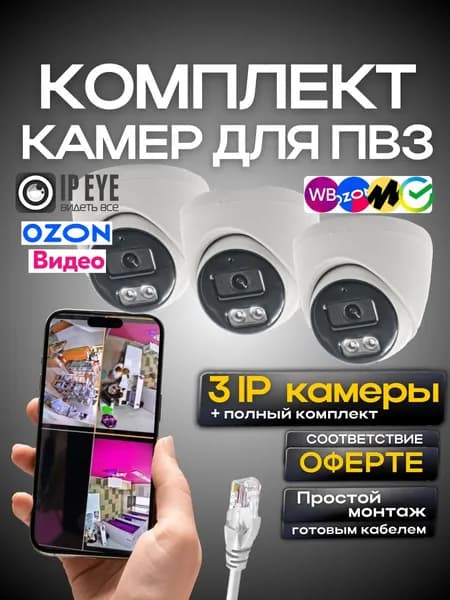 Комплект IP видеонаблюдения для ПВЗ с поддержкой OzonВидео, с записью в облако, 3 камеры