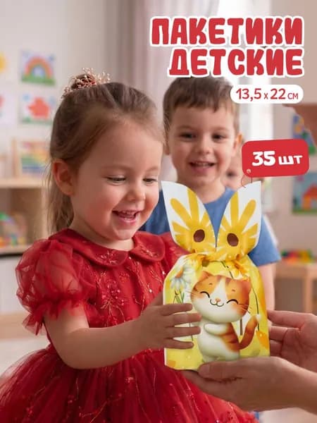 Пакет подарочный "Котик с ромашкой" 13.5*22 см,35шт завязки в комплекте. Пакет для детей в сади, школу. Miland